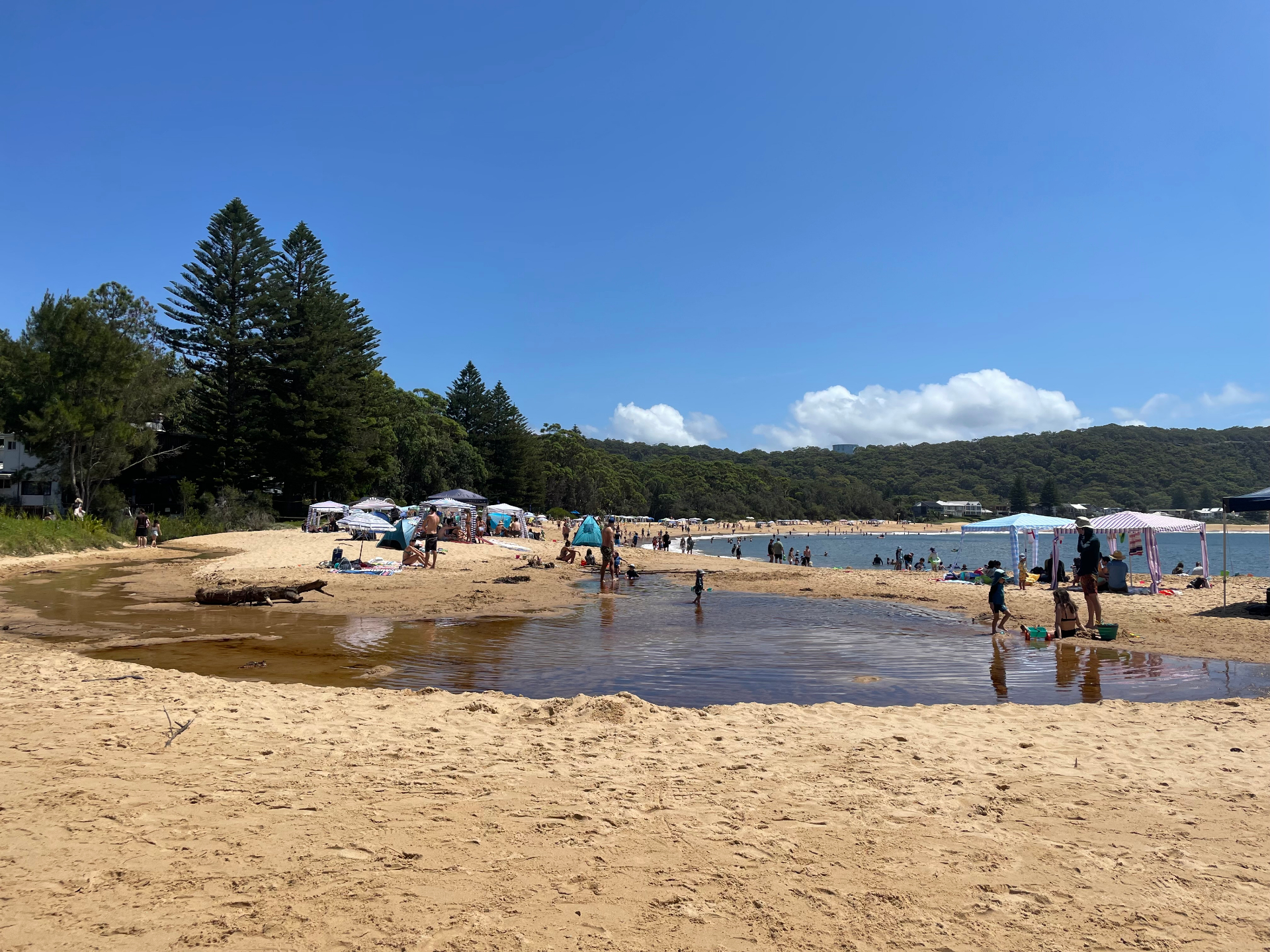 Pearl Beach lagoon meeting the sand on a busy summer day with cabanas along the shore