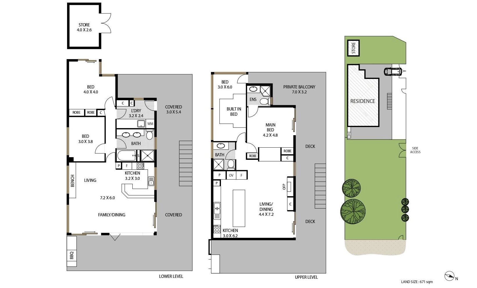 Floor plan showing lower level, upper level and site plan of The Gem at Pearl Beach