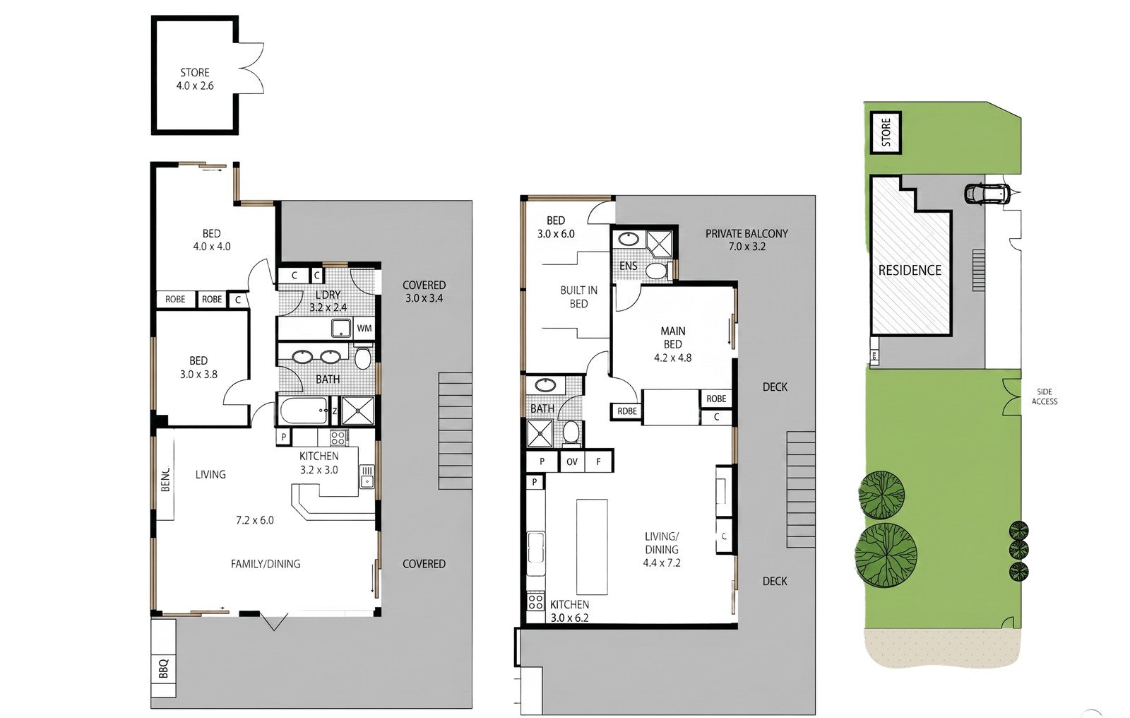 Floor plan of The Gem — lower level, upper level, and site plan showing residence, garden, and beach frontage