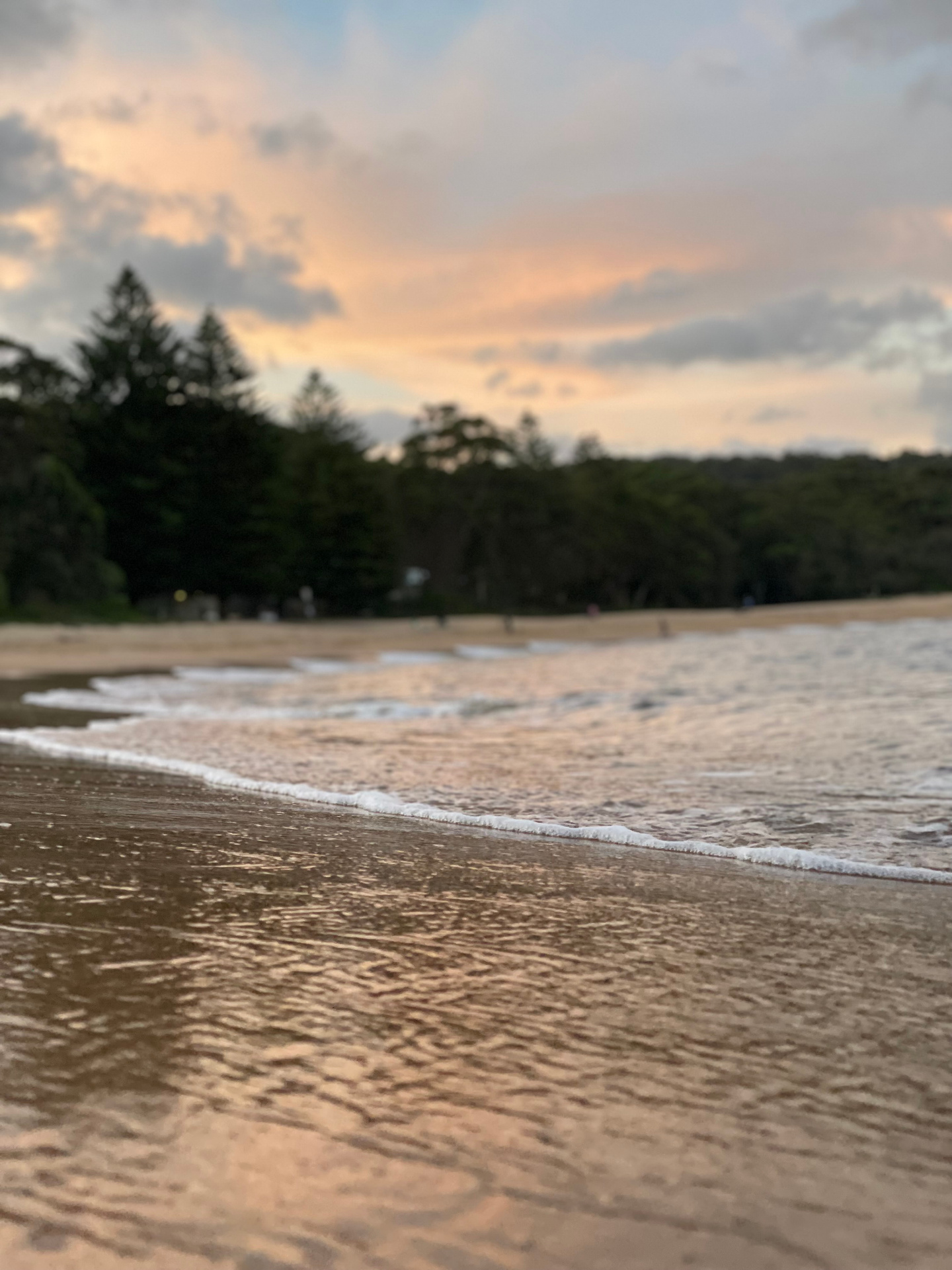 Close-up of a wave washing onto Pearl Beach sand with a pastel sunset sky
